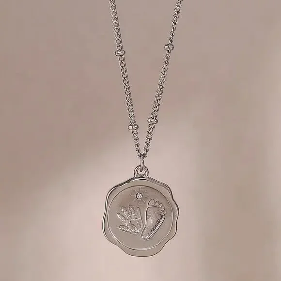 Silver Baby Hand Foot Print Zircon Pendant Necklace 18K Stainless Steel - Picture 3 of 7